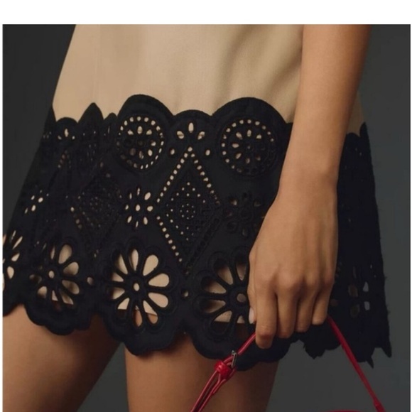 Anthropologie Sleeveless Square Neck Tan Faux Leather Scalloped Dress Size 8 - Picture 3 of 10